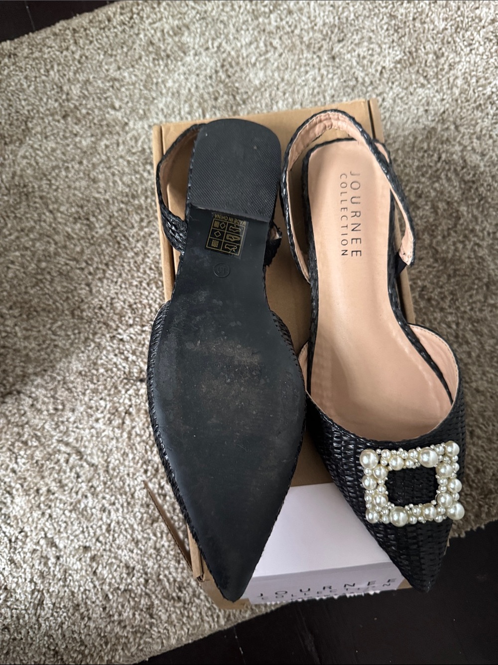 Journee Collection Black Pearl-Buckle Slingback Pointed Flats - Picture 4 of 5